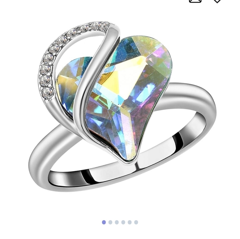 🆕️ Size 7 Mystic Color and White Austrian Crystal Heart Ring in Silvertone
